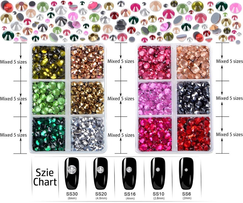LPBeads 6400 Pieces 12 Colors Hotfix Rhinestones Flat Back 5 Mixed Sizes Crystal Round Glass Gems with Tweezers and Picking Rhinestones Pen - Image 2